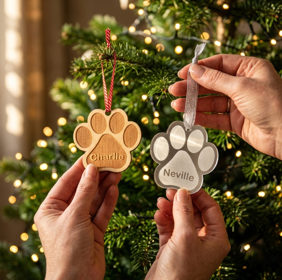 Two paw-shaped personalised Christmas ornaments being held by hands in front of a lit Christmas tree. One ornament is natural wood with a red hanging string and the name 'Charlie' engraved, and the other is silver mirrored acrylic with a silver ribbon and the name 'Neville' engraved.